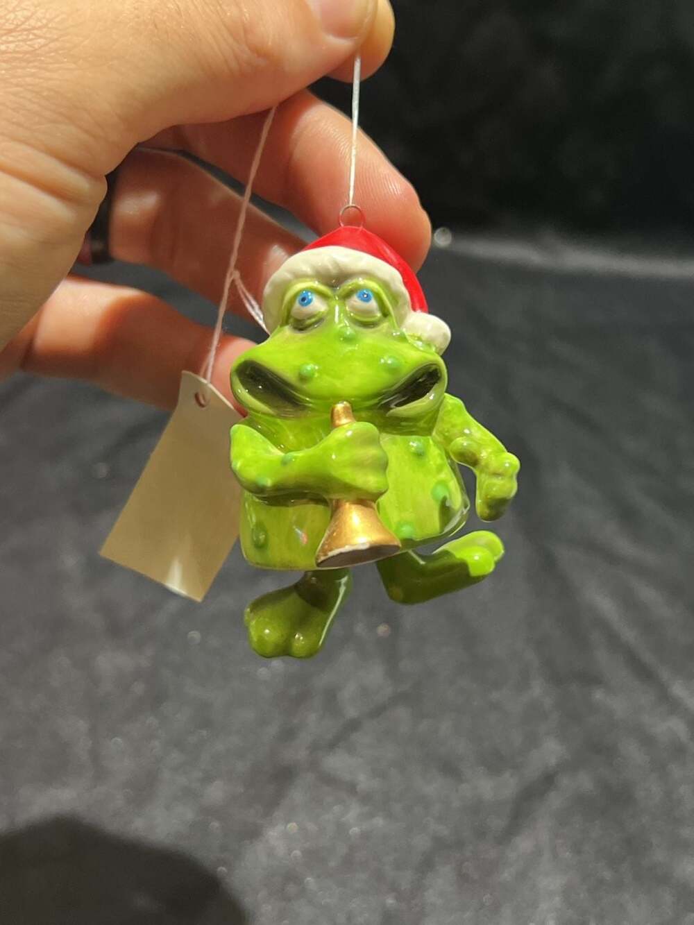 Russ Berrie Ceramic Christmas Frog Ornament with Santa Hat and Horn